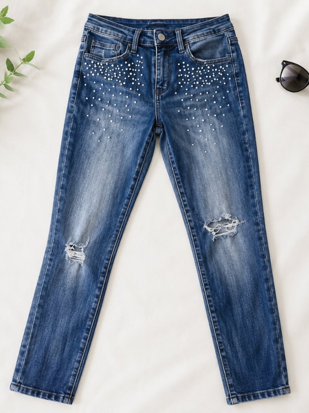 Seven7 Mid Rise Skinny Jeans Pearl Embellished Distressed Stretch Denim Size 8